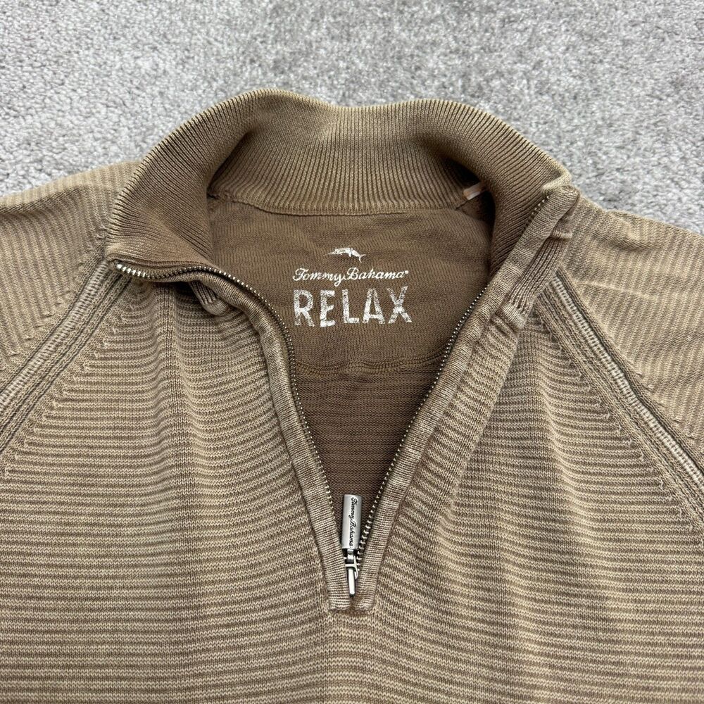 Tommy Bahama Relax 1/4 Zip Pullover Sweater Mens Medium Brown Ribbed Knit Cotton - Picture 3 of 15